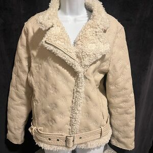 Guess Cream Fleece Lined Faux Leather Coat Fits Medium